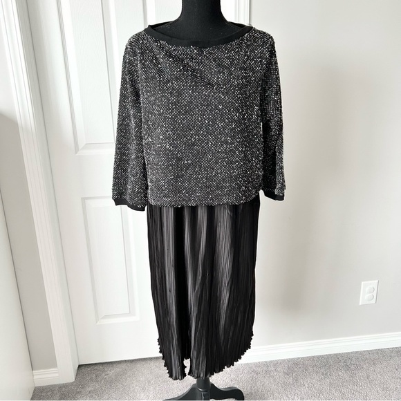 Just Living Long Sleeve Mixed  Media Pleated Satin Dress - Picture 1 of 14